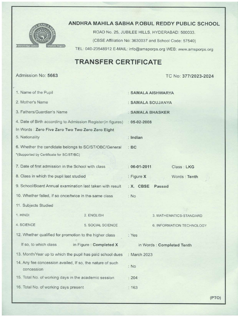 Transfer Certificate for Student Admission | PDF