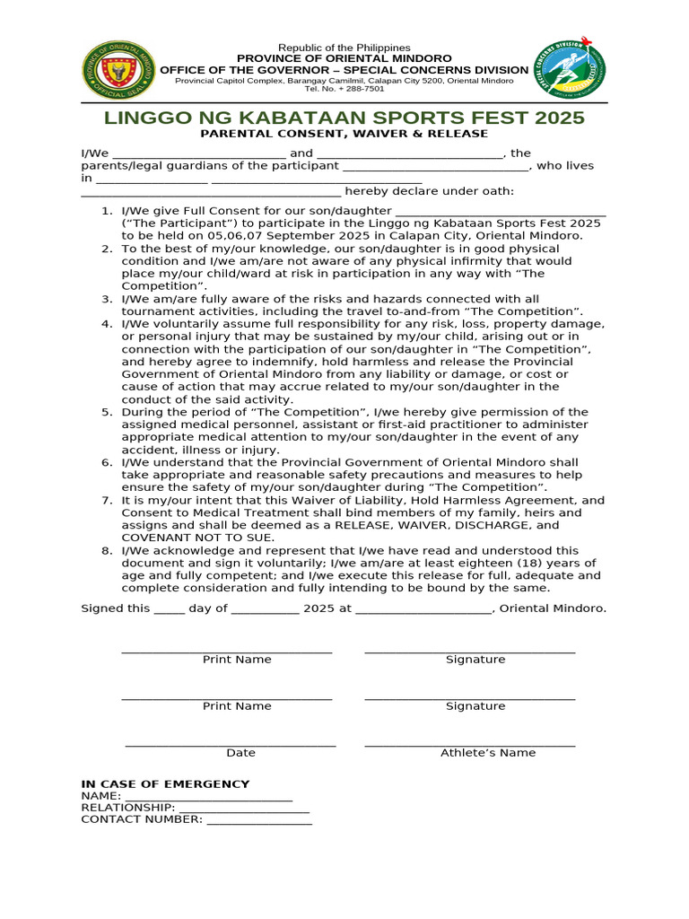 Parental Consent for Sports Fest 2025 | PDF | Indemnity | Consent