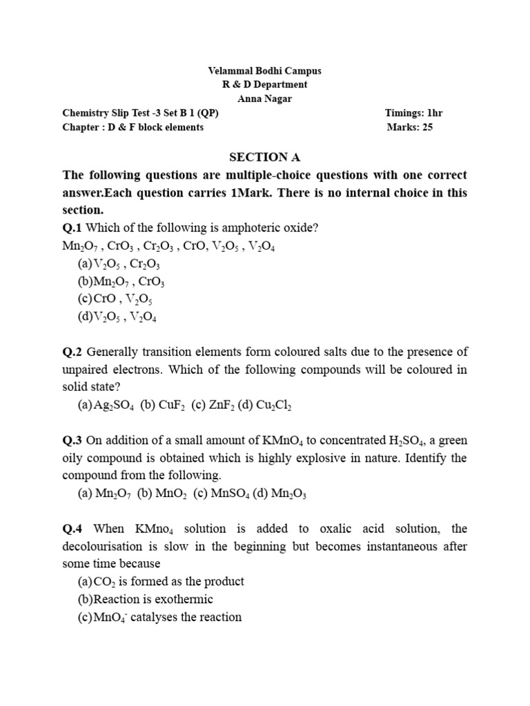 Chemistry Slip Test: D & F Block Elements | PDF | Transition Metals ...