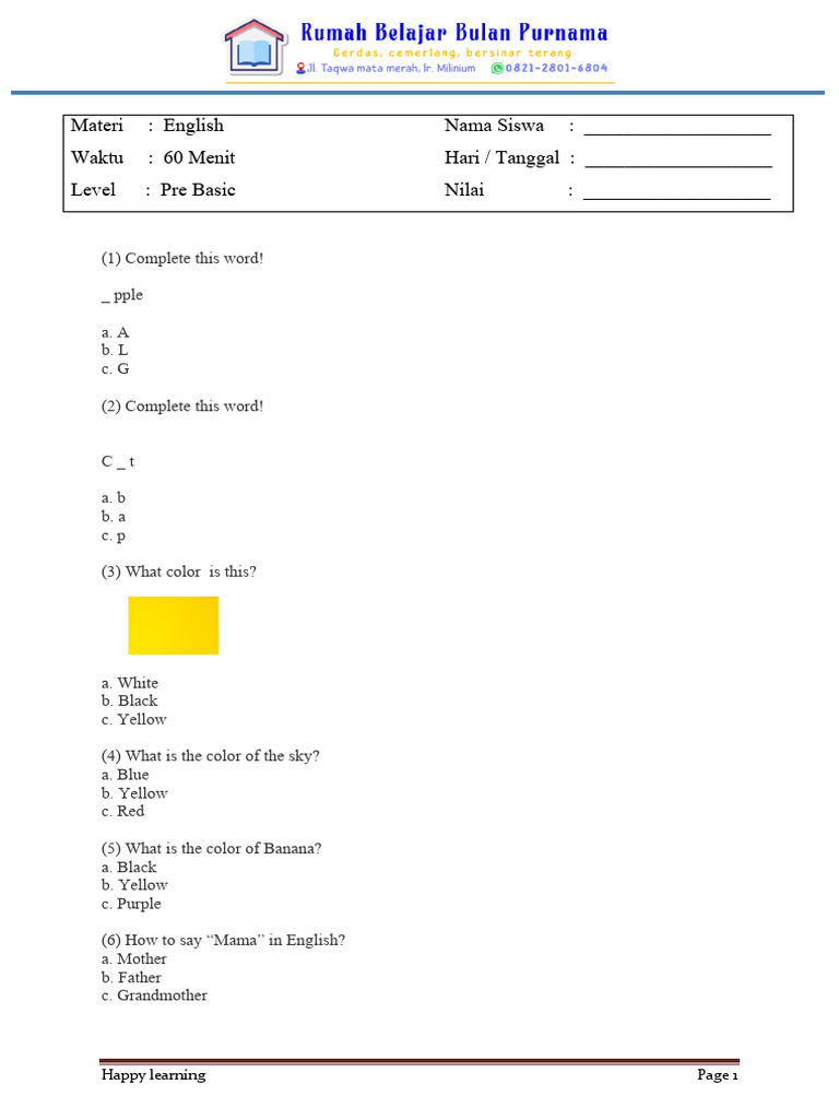 Pre Basic English Learning Worksheet | PDF