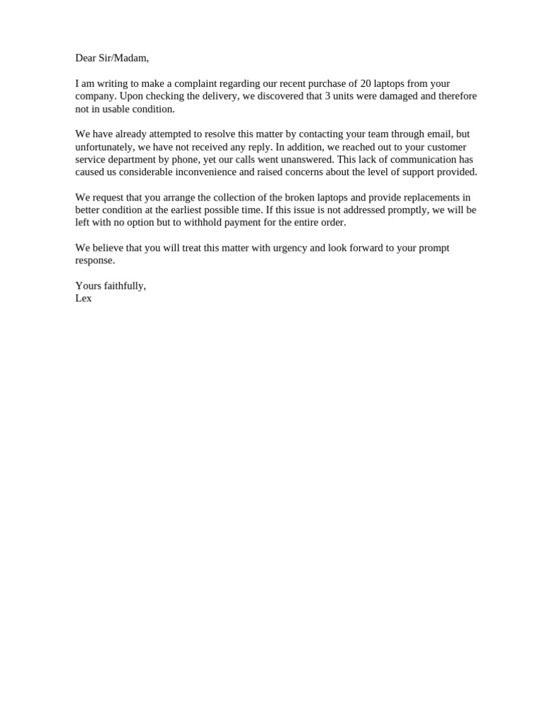 Complaint About Damaged Laptop Order | PDF