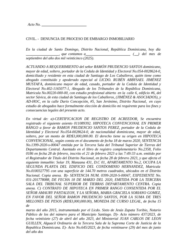 Denuncia de Proceso de Embargo Inmobiliario | PDF | República ...