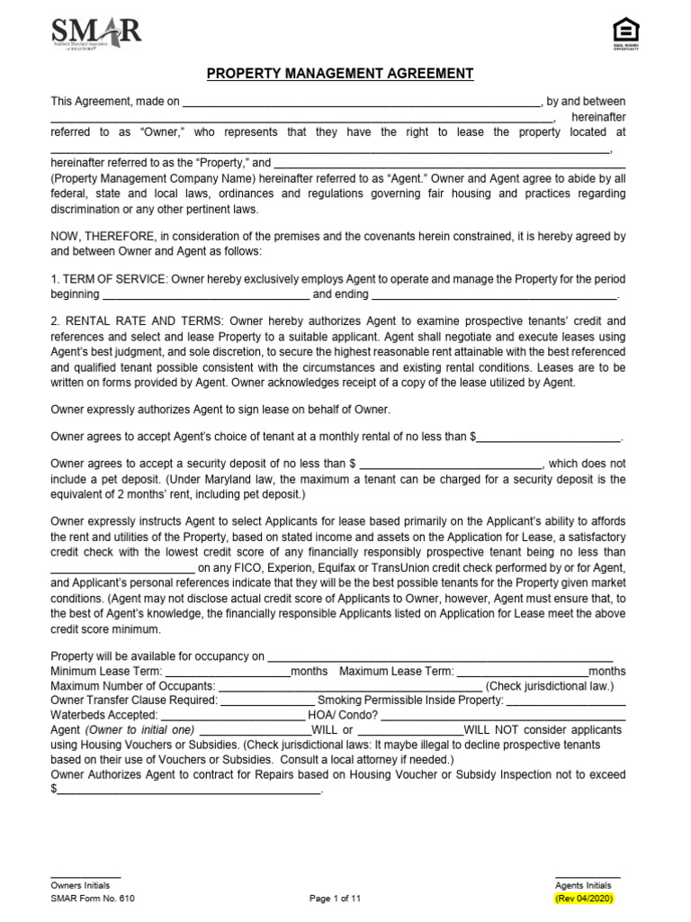SMAR 610 Residential Property Management Agreement | PDF | Lease ...