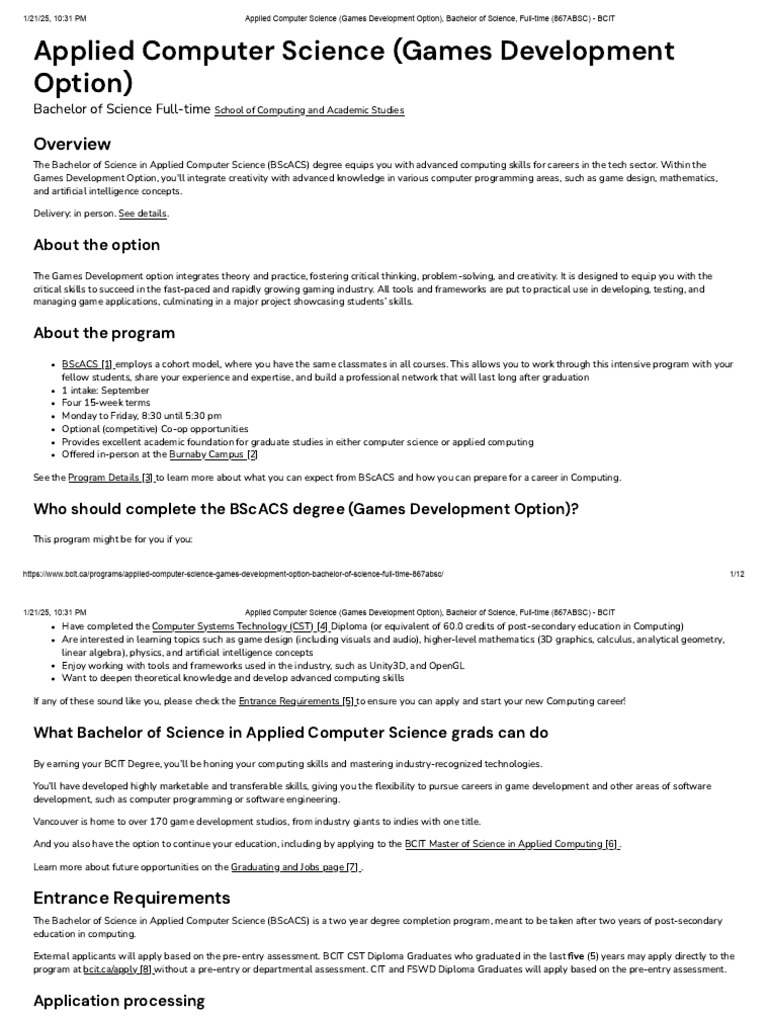 Applied Computer Science Games Development Option, Bachelor of Science ...