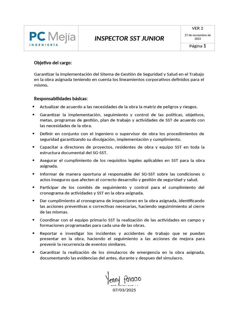 Perfil de Cargo Inspector SST Junior | PDF