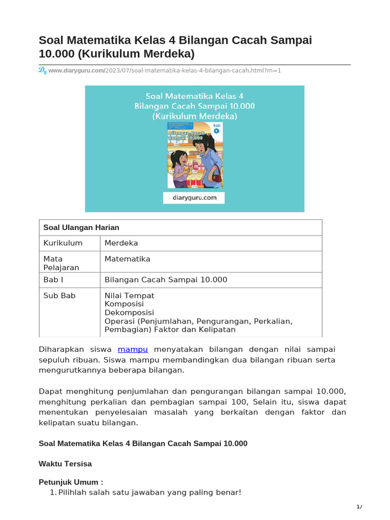 Soal Matematika Kelas 4: Bilangan Cacah | PDF