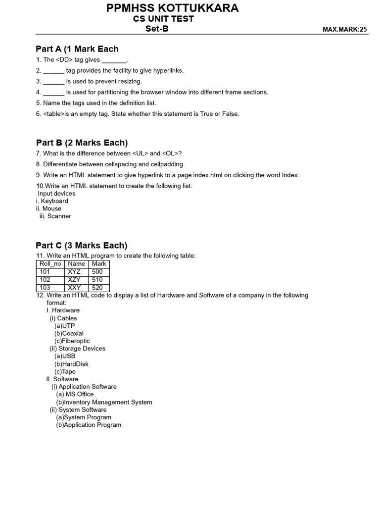 HTML Unit Test Questions and Answers | PDF
