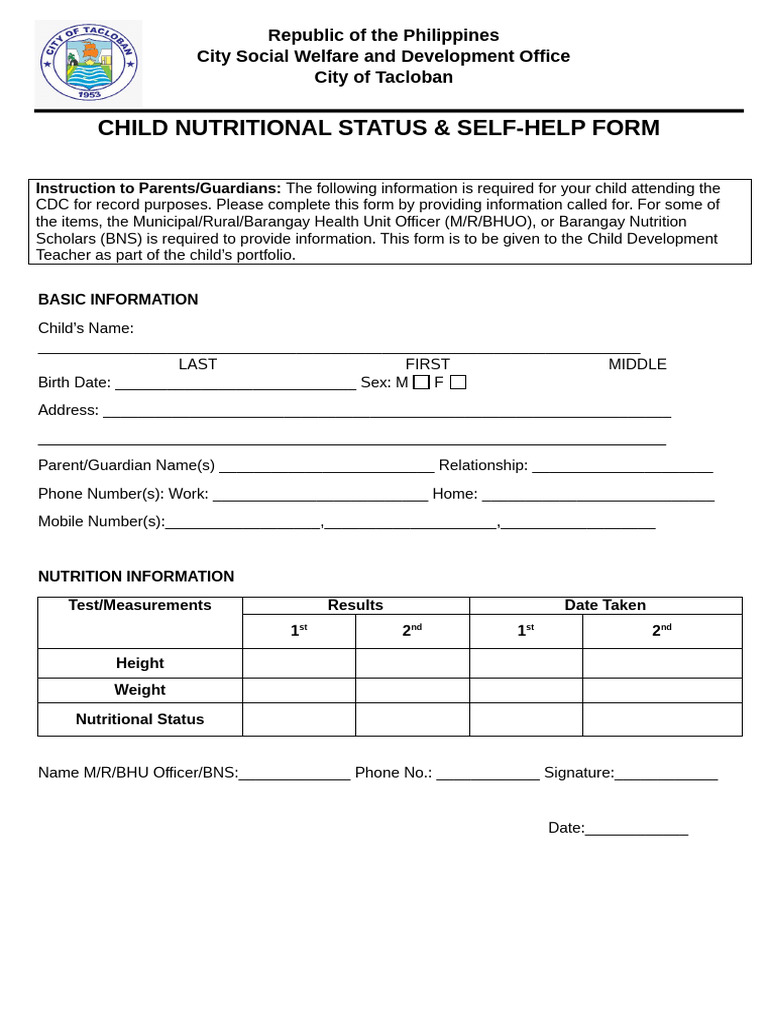 Child Nutritional Status & Parent Involvement Form | PDF | Eating | Foods