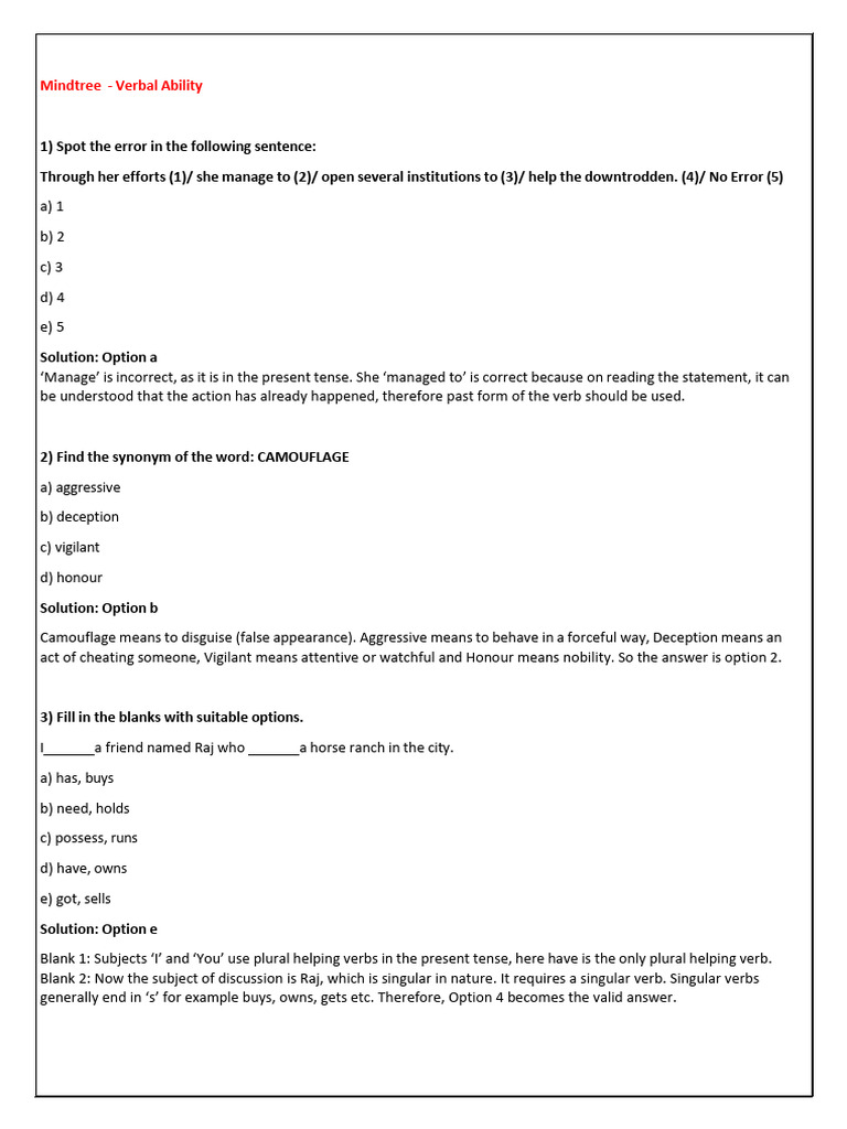 Verbal Ability Practice Questions | PDF | Grammatical Number | Verb