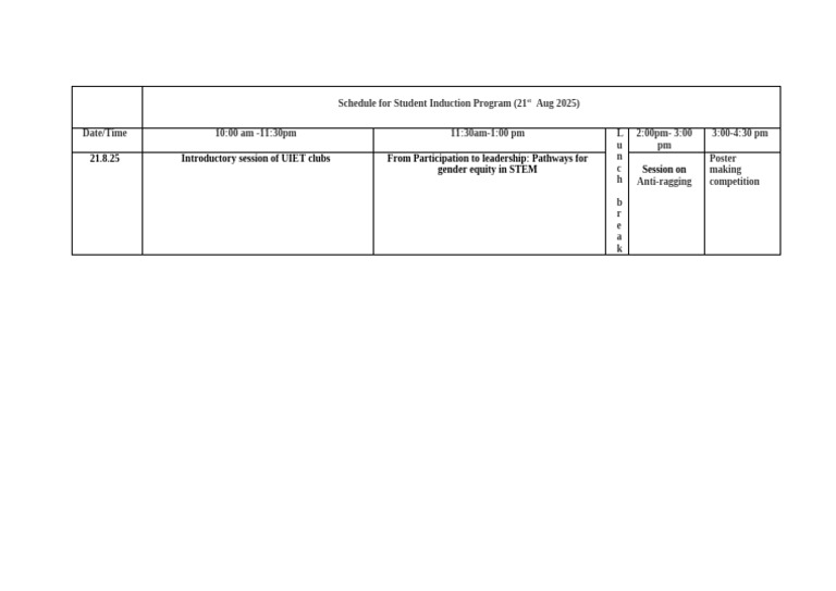 Student Induction Program Schedule 2025 | PDF