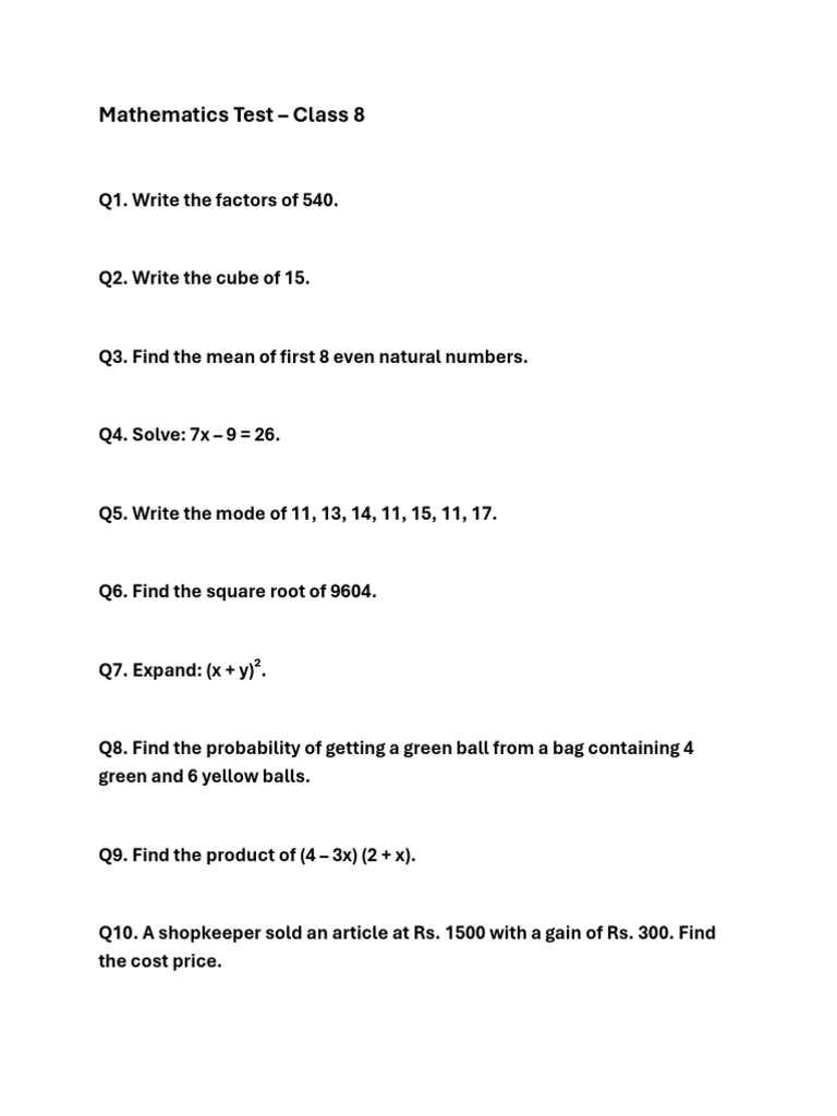 Class 8 Mathematics Test Questions | PDF