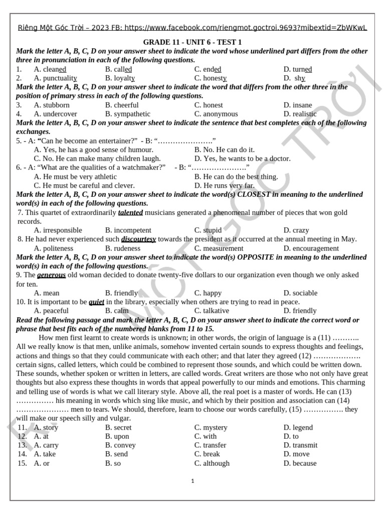 Grade 11 English Test: Unit 6 Practice | PDF
