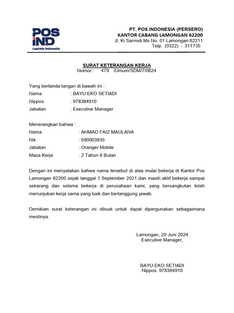 Surat Rekom Keterangan Kerja - Faiz | PDF