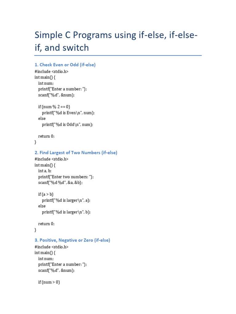 C Programs: If-Else and Switch Examples | PDF | Workweek And Weekend ...