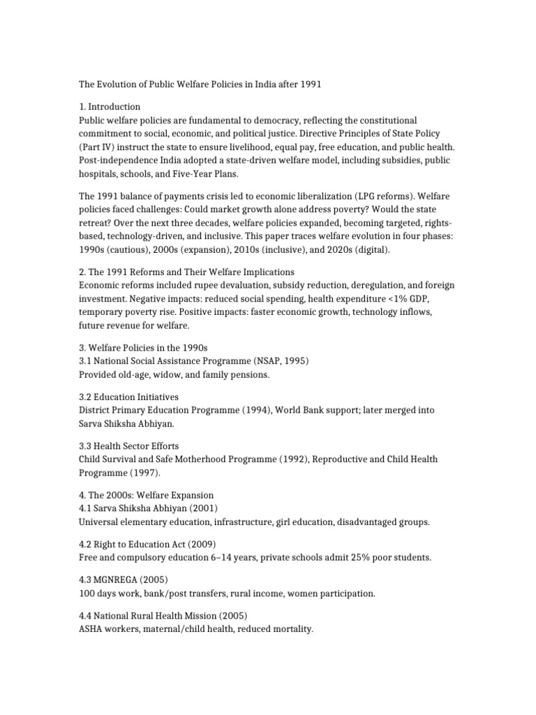 Evolution of India's Welfare Policies Post-1991 | PDF | Macroeconomics ...
