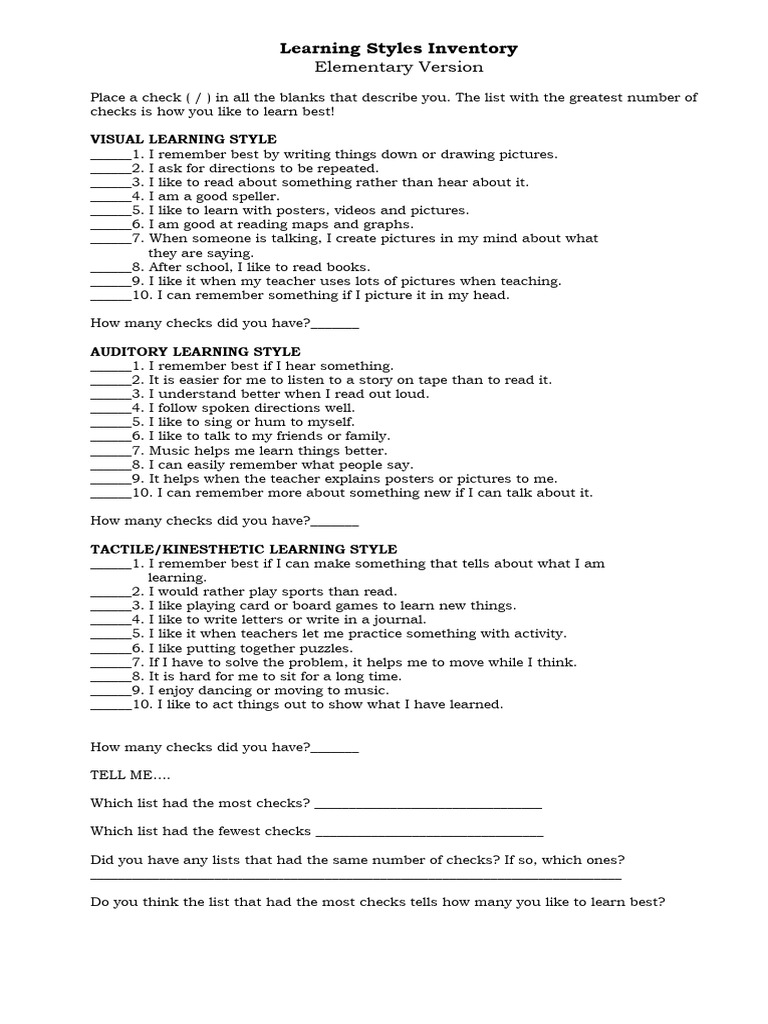 Free Printable Learning Styles Inventory | PDF | Learning Styles ...