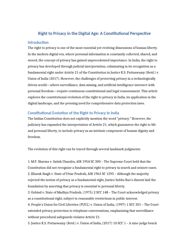 Privacy Rights in India's Digital Era | PDF | Privacy | Right To Privacy