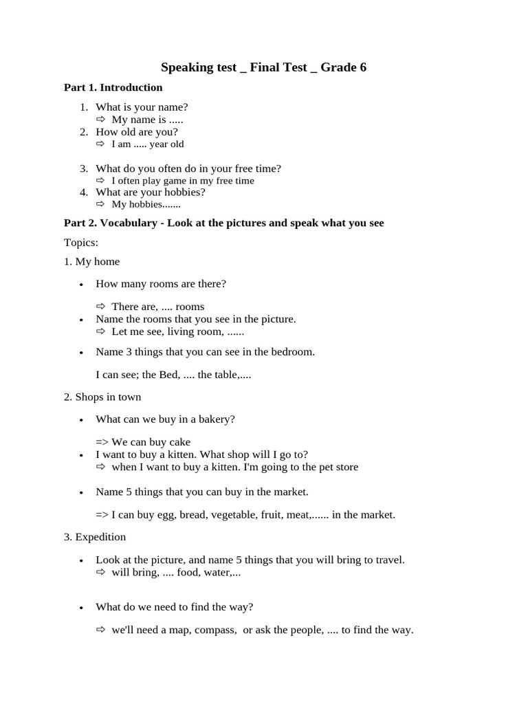 Grade 6 Speaking Test Guide | PDF