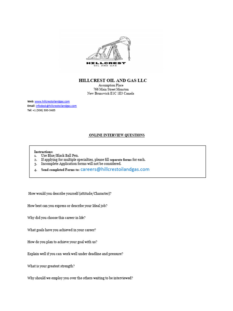 Hillcrest Oil and Gas Interview Questions | PDF