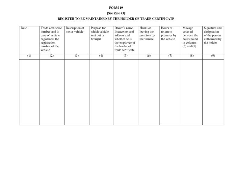 RTO Form 19 Vehicle Register Template | PDF