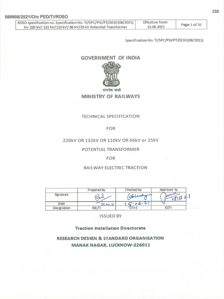 RDSO Specification for Potential Transformers | PDF | Transformer ...