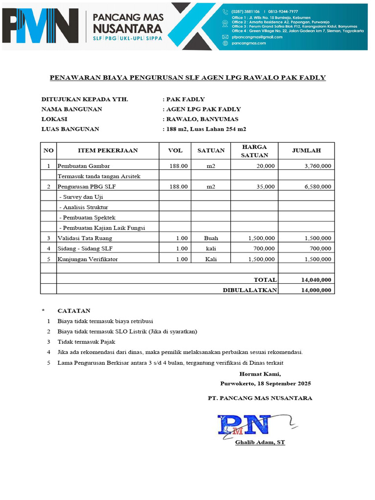 Penawaran SLF PBG Agen LPG Rawalo Pak Fadly | PDF