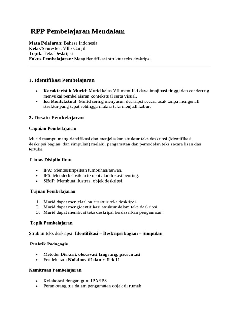 RPP Pembelajaran Mendalam Detail | PDF