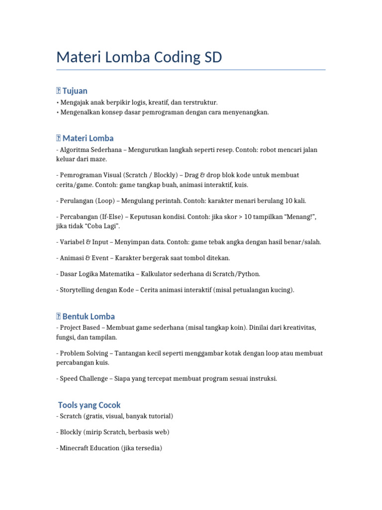 Materi Lomba Coding Kreatif untuk SD | PDF