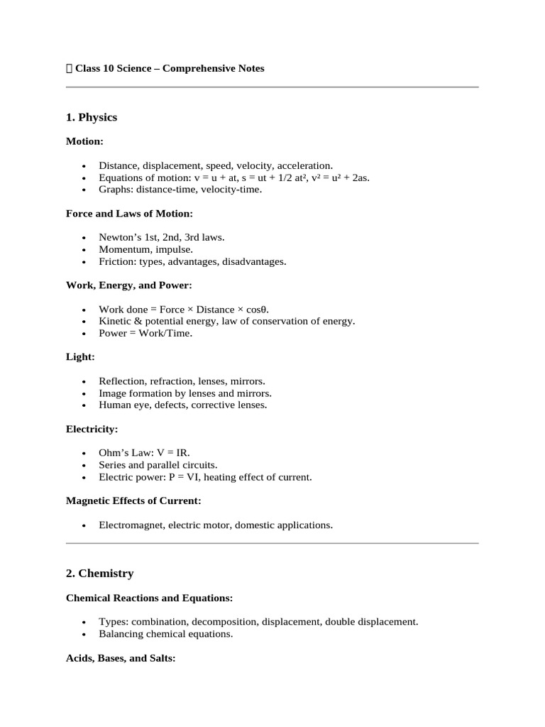 Class 10 Science trick Comprehensive Notes | PDF | Force | Chemical ...