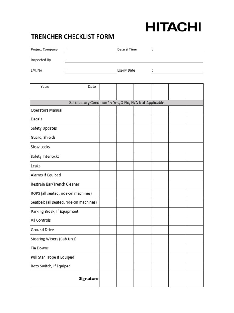 Trenching Equipment Inspection Checklist | PDF