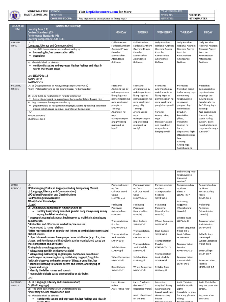 Kindergarten Daily Lesson Plan Week 35 | PDF | Learning | Human ...
