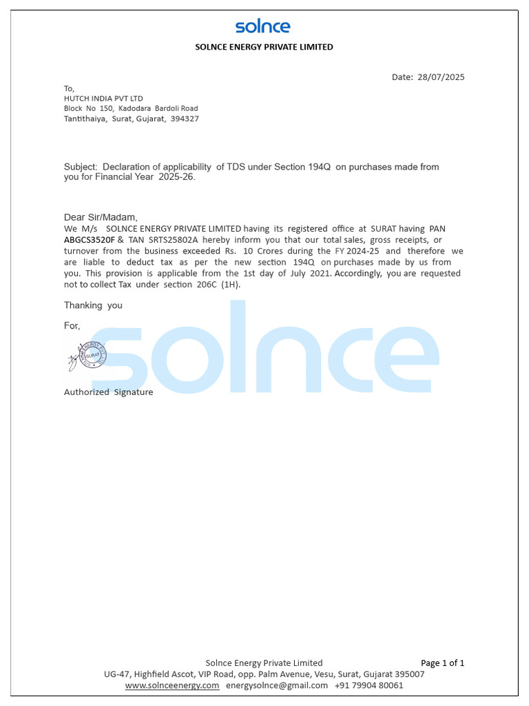 TDS Declaration Under Section 194Q | PDF
