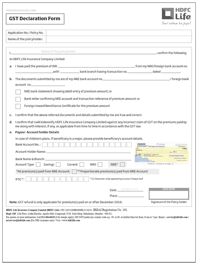 HDFC Life GST Declaration Form | PDF | Insurance | Life Insurance