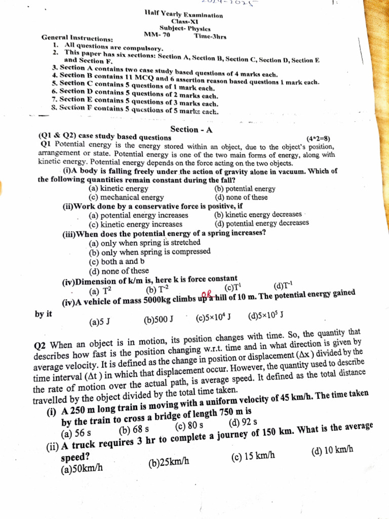 Class XI Physics Half Yearly Exam Guide | PDF | Force | Acceleration