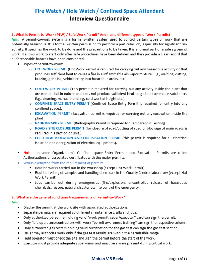 Interview Questions - Fire Watch - Holewatch - Confined Space Attendant ...