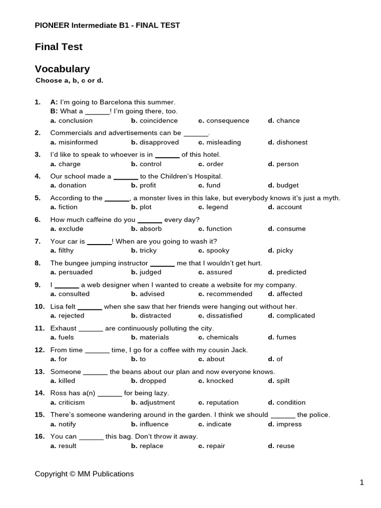 Pioneer Intermediate B1 Tests Final Test | PDF
