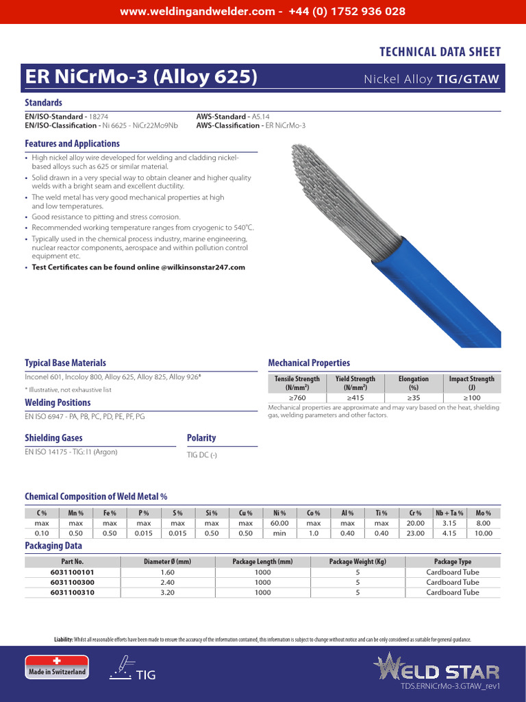 ER NiCrMo-3 Nickel Alloy Welding Data | PDF | Welding | Construction