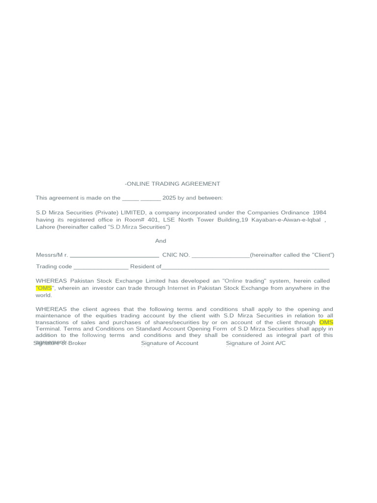 Online Trading Agreement with S.D Mirza | PDF | Securities (Finance ...