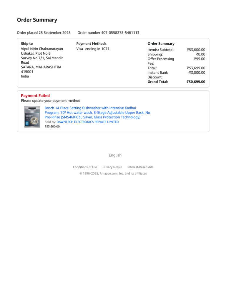 Amazon Order Summary for Bosch Dishwasher | PDF