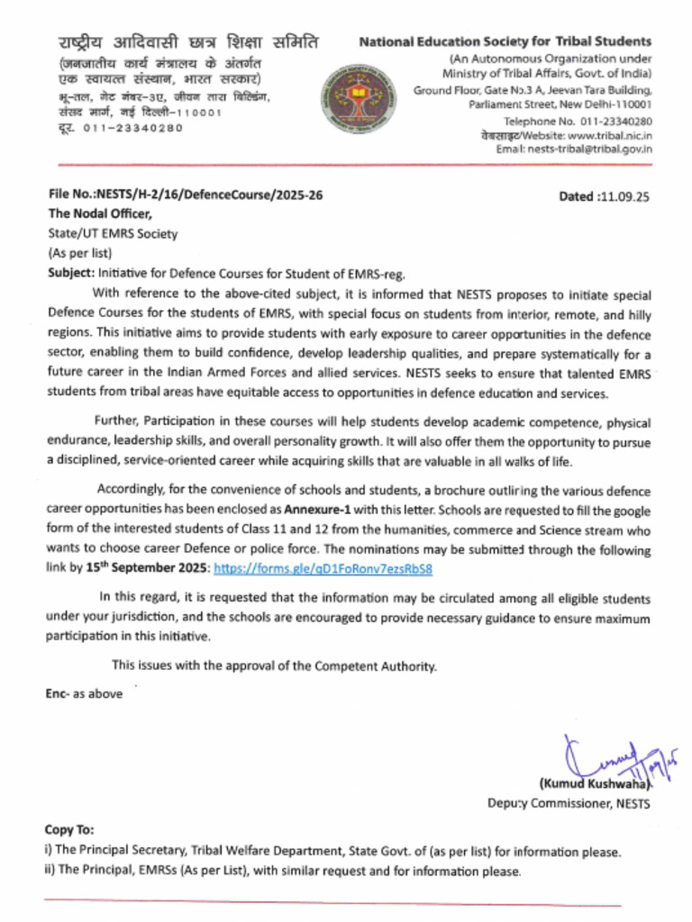 Letter to Nodal Officers Regarding Defence Course | PDF