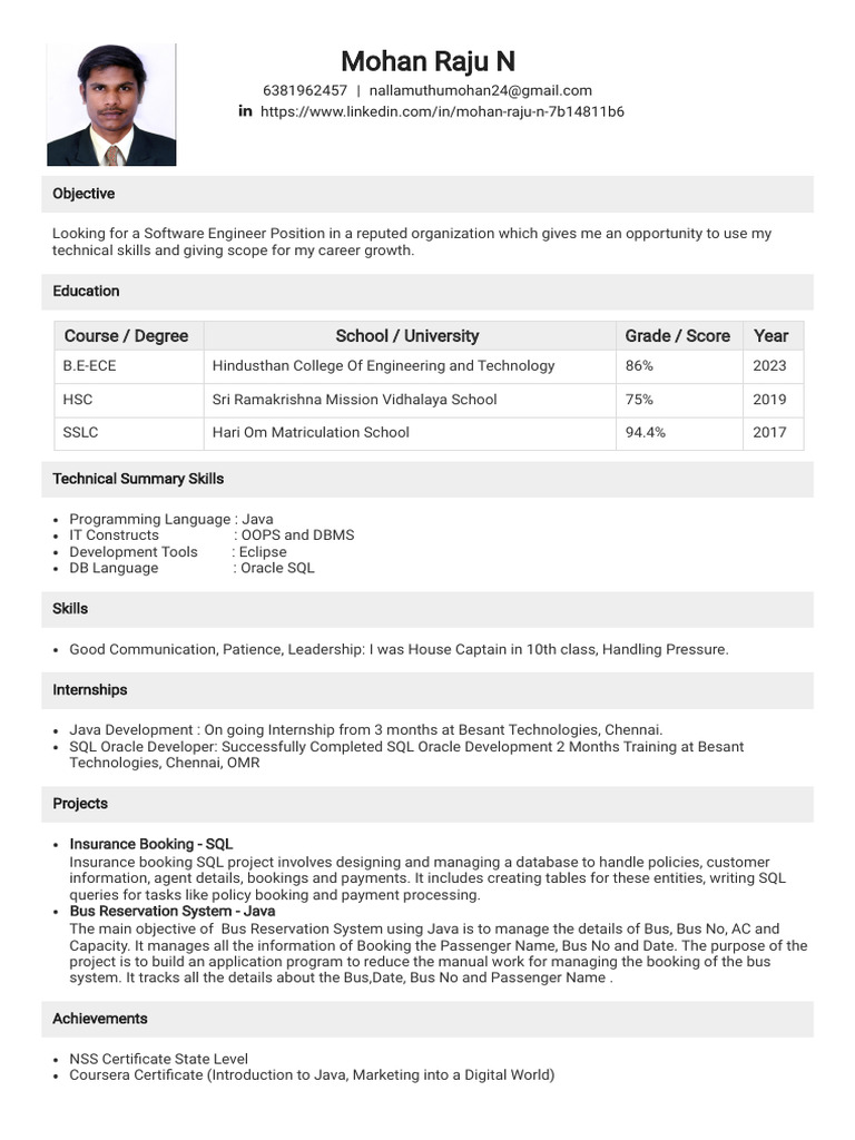 Mohan Raju N Trainee Resume | PDF | Databases | Sql