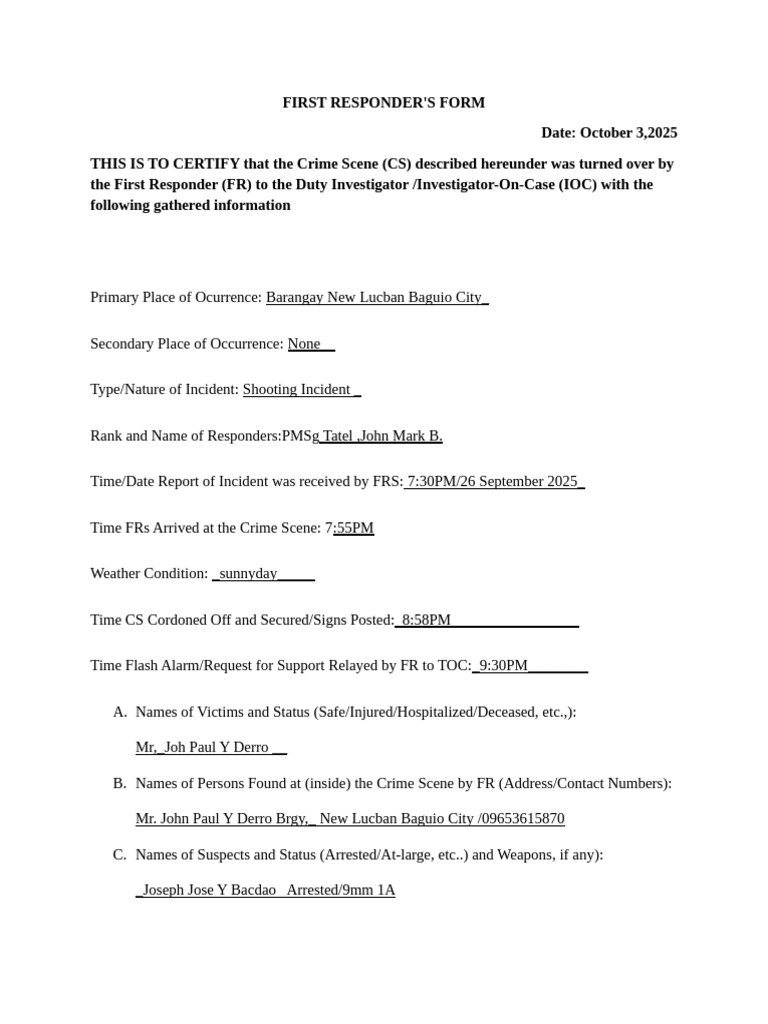 First Responder's Crime Scene Report | PDF | Crimes | Crime & Violence