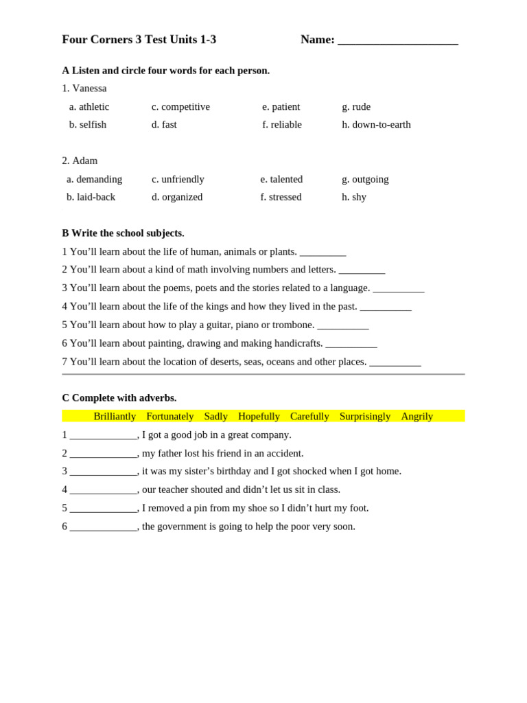 Four Corners 3 (1-3) Test | PDF