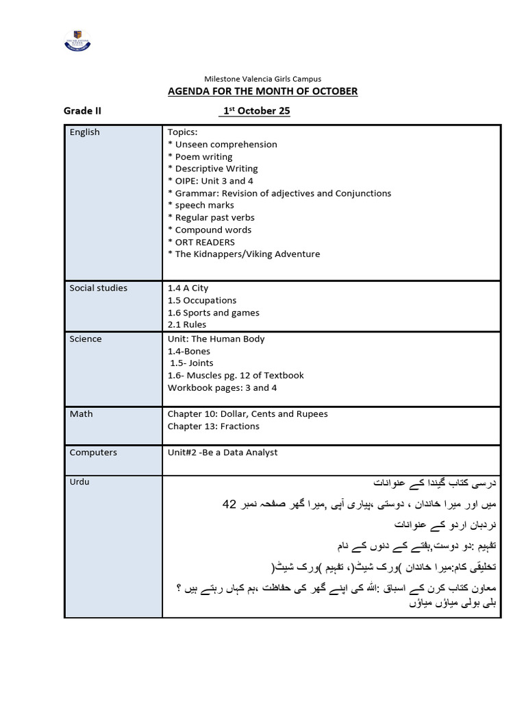 October - Monthly Agenda 2025 Grade 2 | PDF