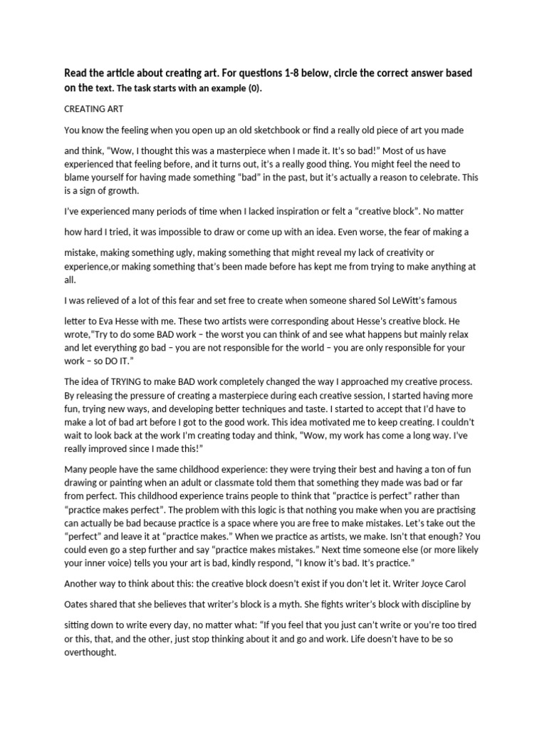 Exam Reading Creative Art - Answer The Questions | PDF