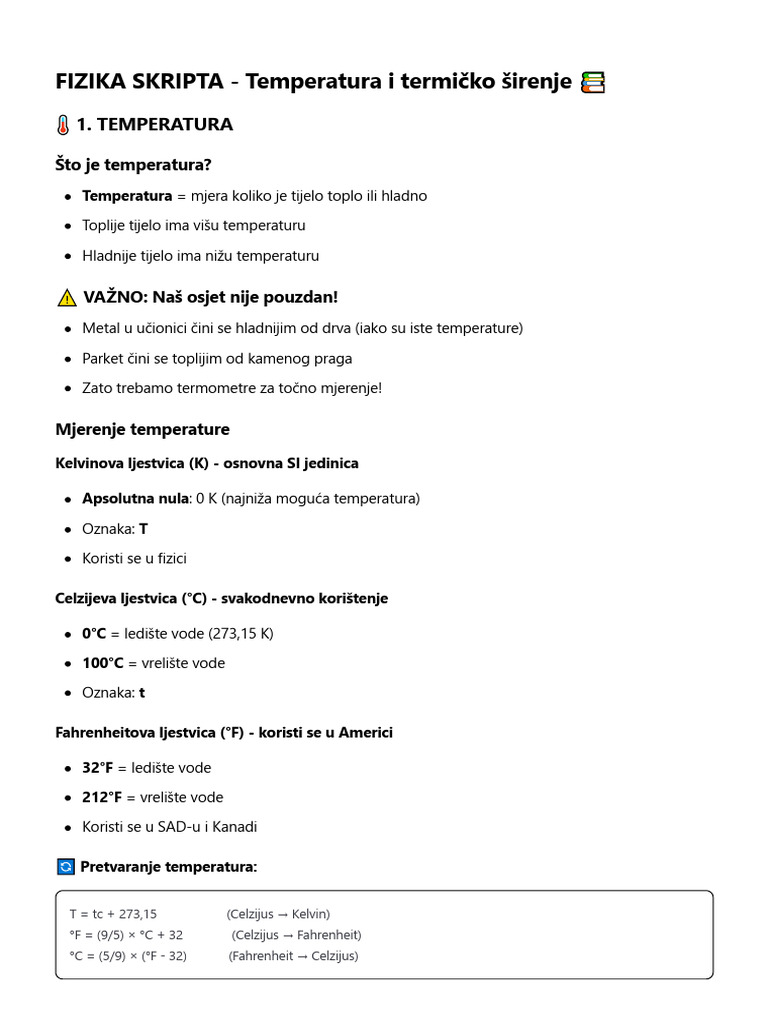 Skripta Za Fiziku - Temperatura I Termičko Širenje | PDF