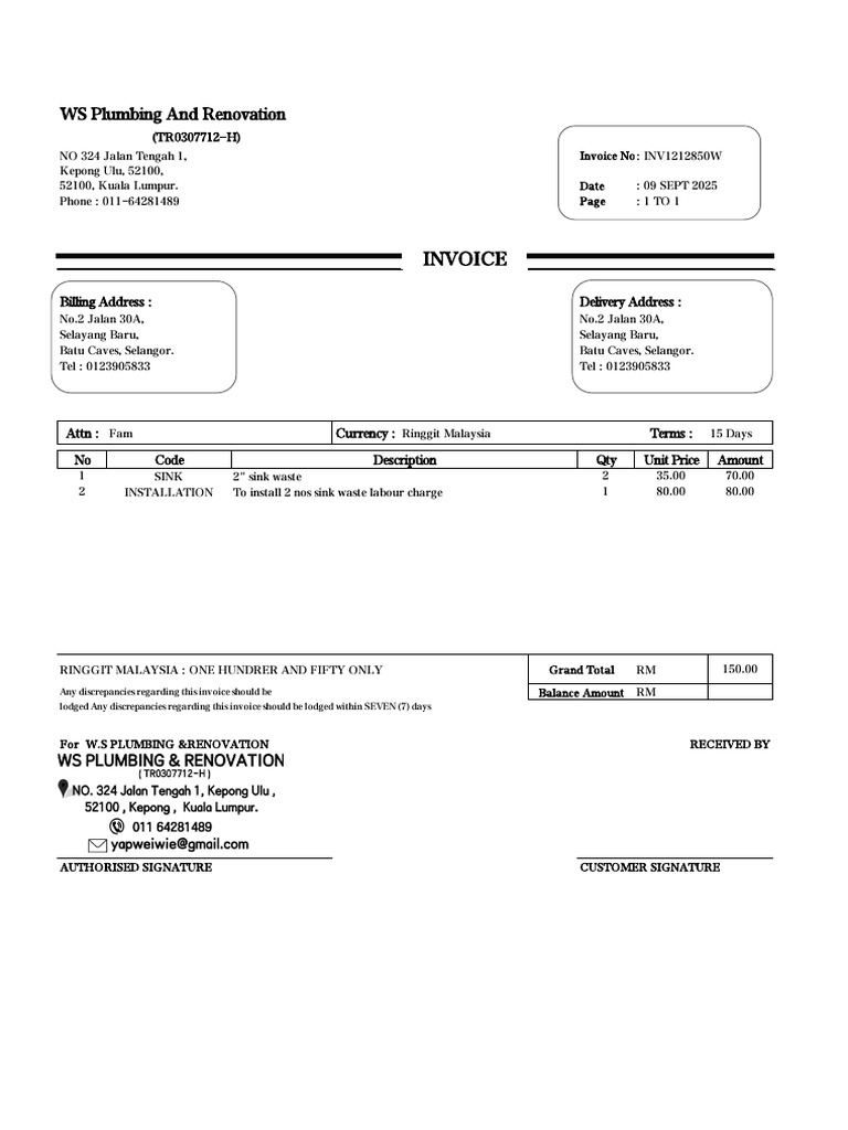 Invoice for Plumbing Services - RM 150 | PDF