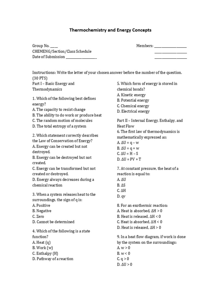 Thermochemistry Energy Concepts Assignment | PDF | Heat | Enthalpy