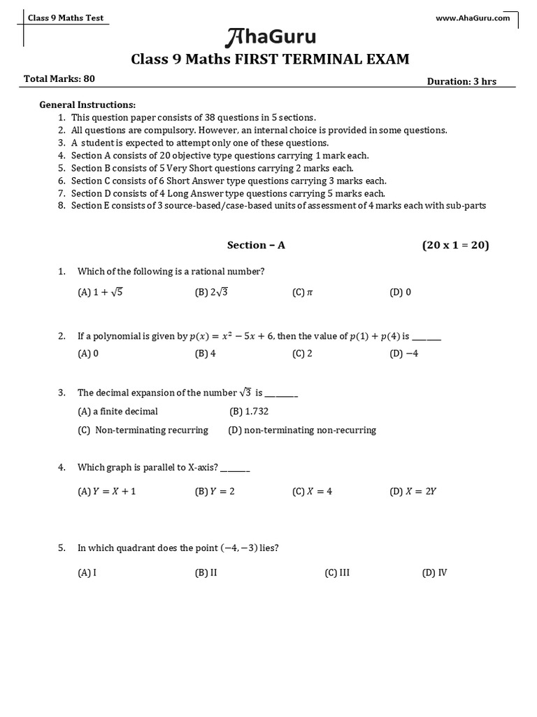 Class 9 Maths Test Paper | PDF | Discrete Mathematics | Abstract Algebra