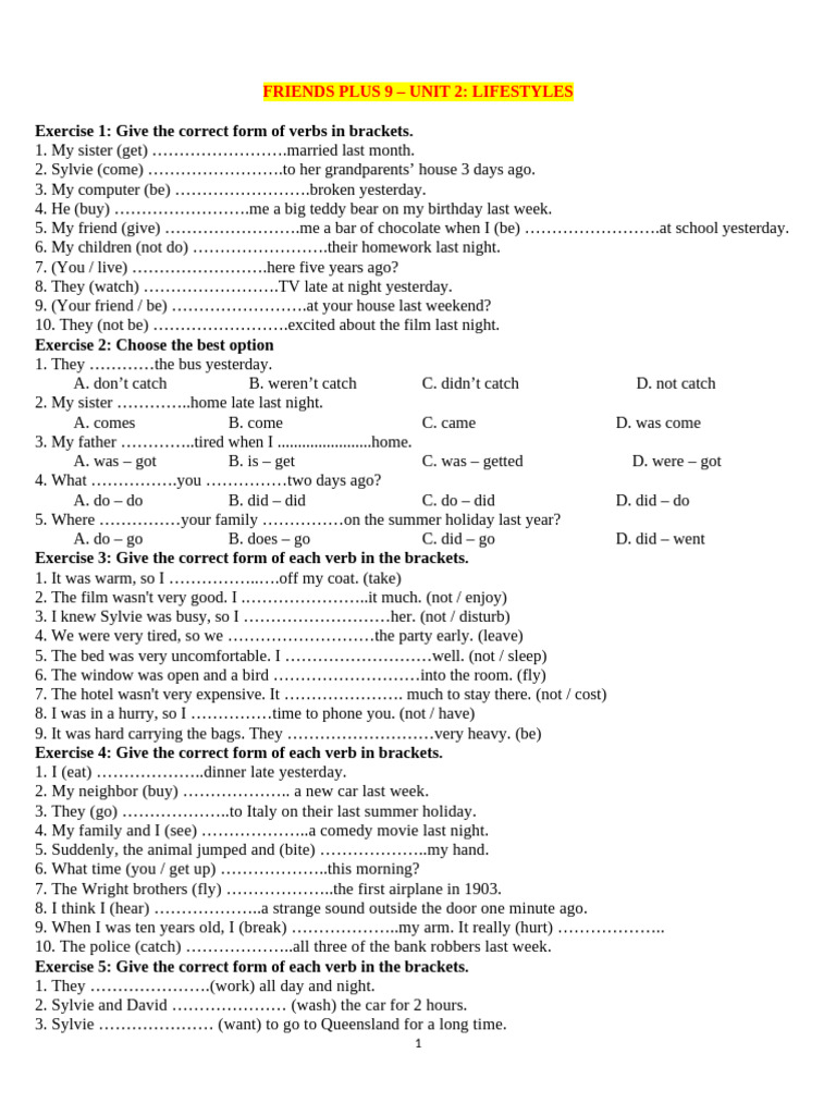 Friends Plus 9: Unit 2 Verb Exercises | PDF